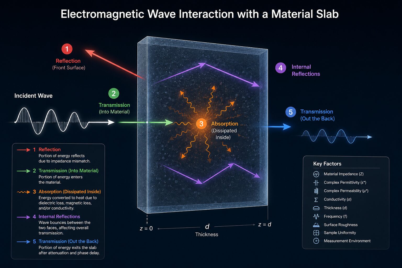 Diagram of an electromagnetic wave incident on a flat material slab, showing the incident wave, reflected wave, energy absorbed inside the slab, internal multiple reflections, and the transmitted wave, with labels for impedance mismatch, propagation loss, thickness, and material impedance