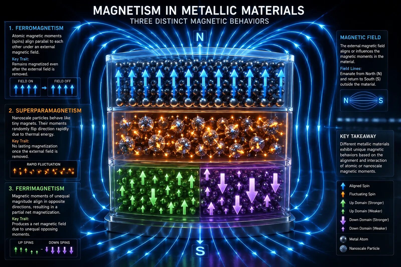 Diagram of ferromagnetic, superparamagnetic, and ferrimagnetic nanomaterial behavior