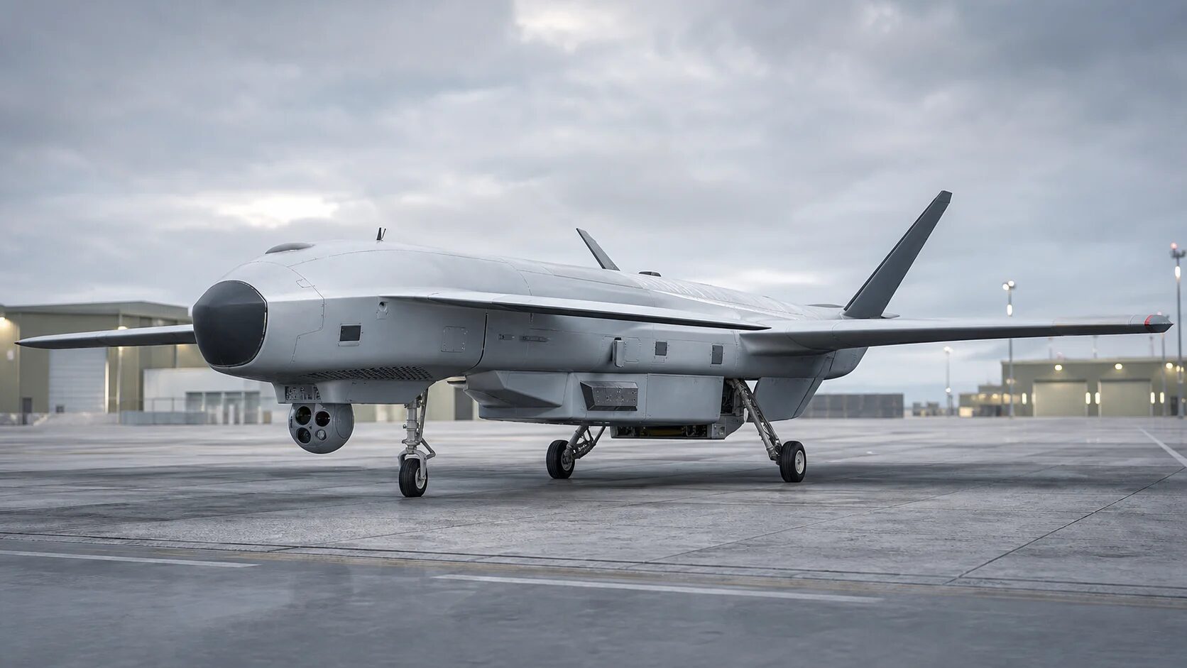 Photorealistic next-generation drone with composite body, embedded antennas, optical sensor turret, avionics bay, propulsion hardware, and rugged electronics.