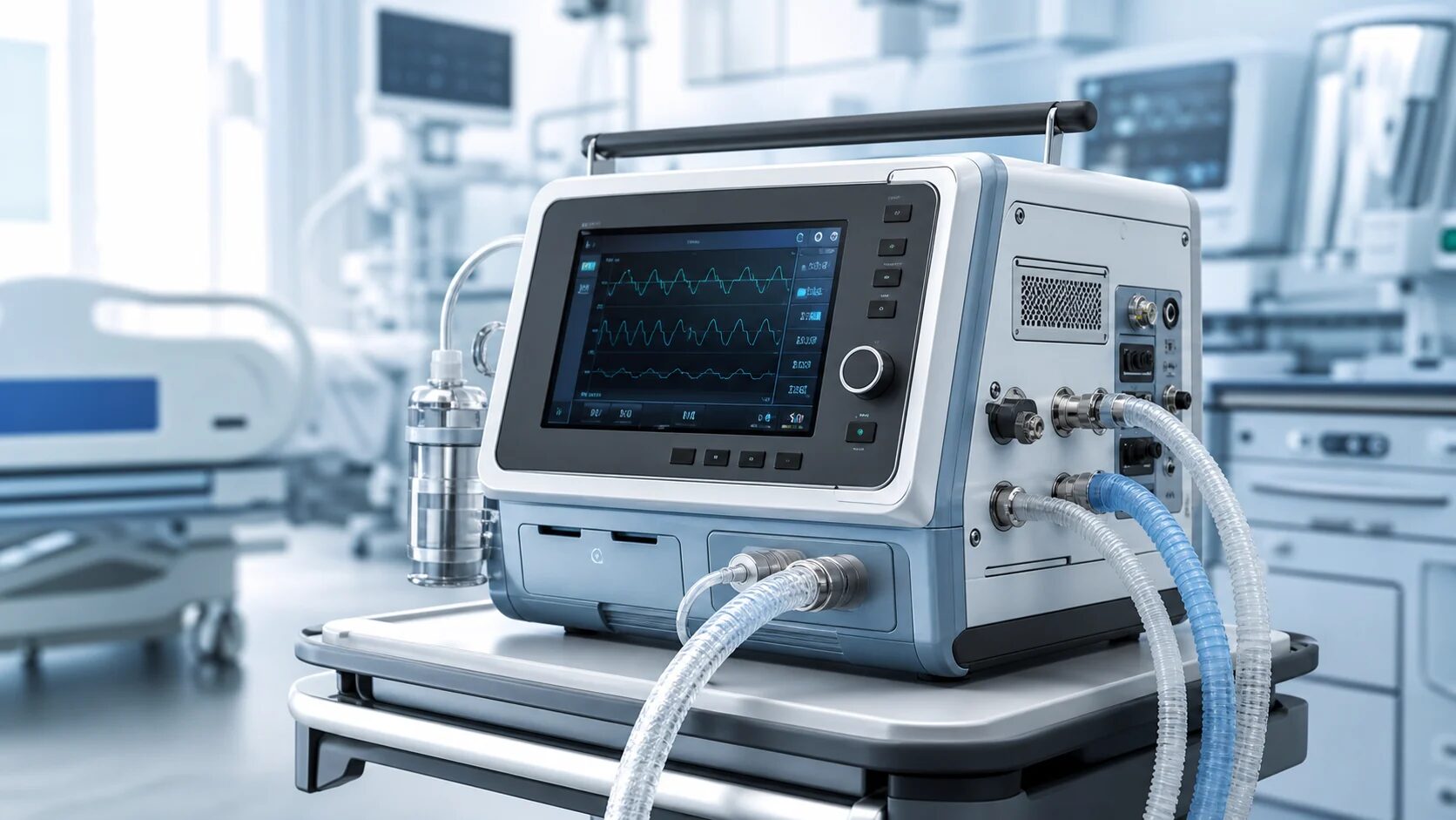 Photorealistic hospital life support electronic device with display, sealed enclosure, connectors, cables, vents, controls, and medical cart hardware.