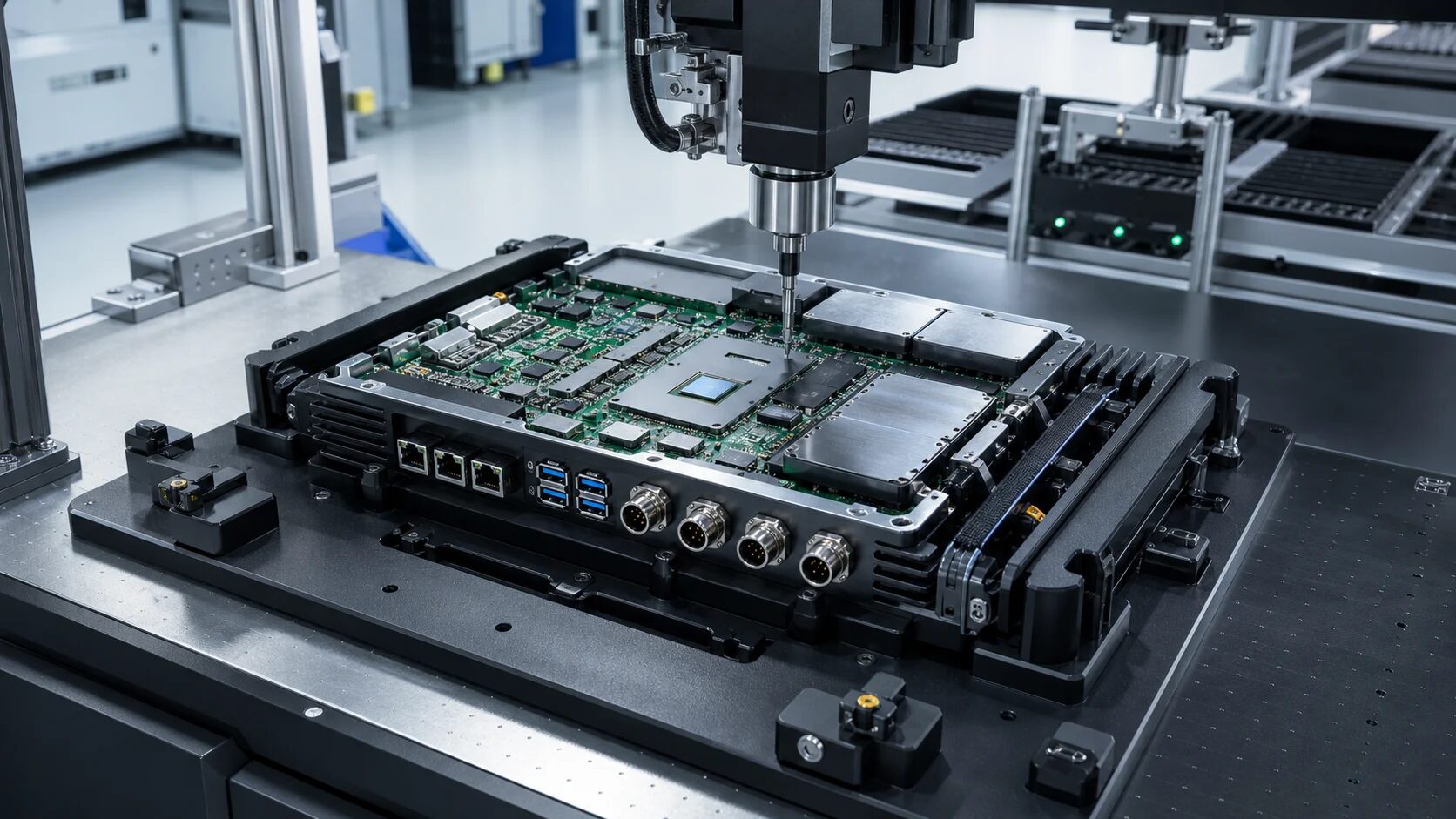 Photorealistic edge compute device being assembled in an electronics contract manufacturing facility with circuit boards, fixtures, connectors, technicians, and assembly tools.