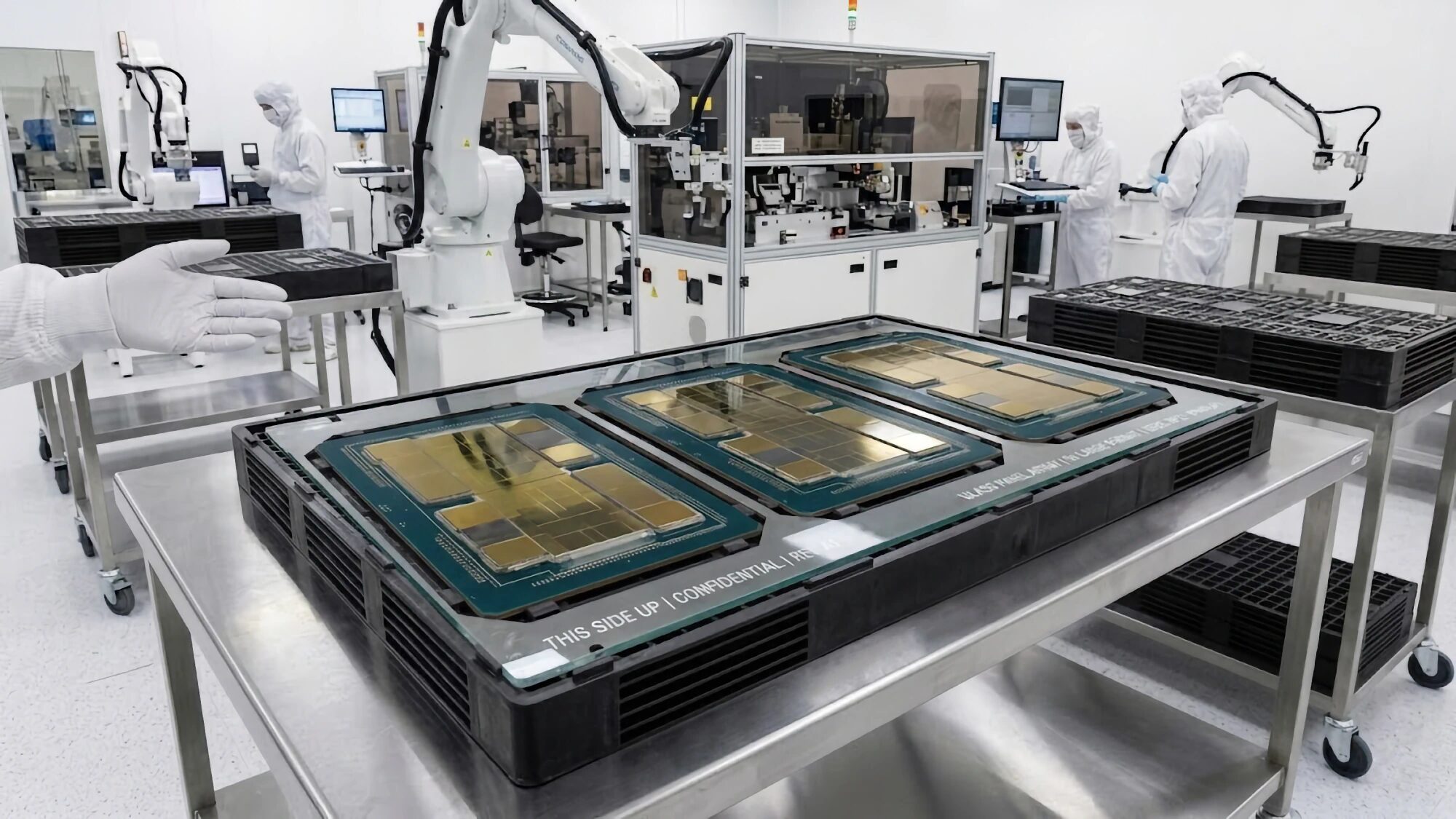 Photorealistic JEDEC tray holding next-generation AI chips in an advanced semiconductor packaging facility with robotic handling, inspection tools, and cleanroom equipment.