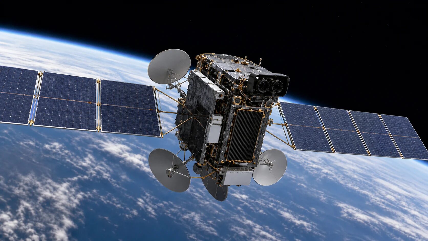 Photorealistic telecommunications satellite in orbit with solar arrays, antenna reflectors, sensor apertures, electronics bays, and structural panels.