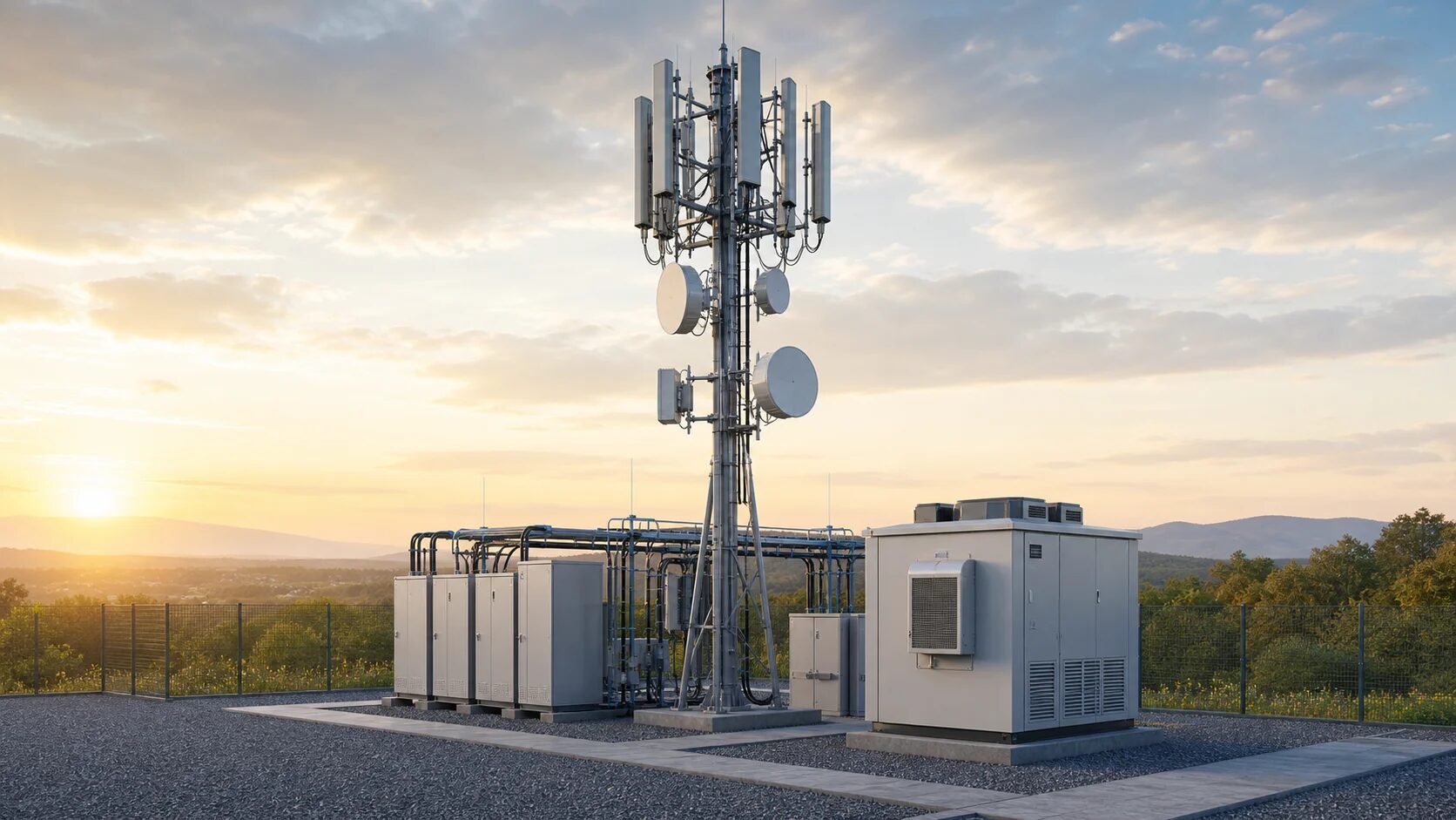 Photorealistic wireless ground station with antenna dish, radome hardware, RF electronics cabinets, cables, waveguides, and outdoor telecom infrastructure.