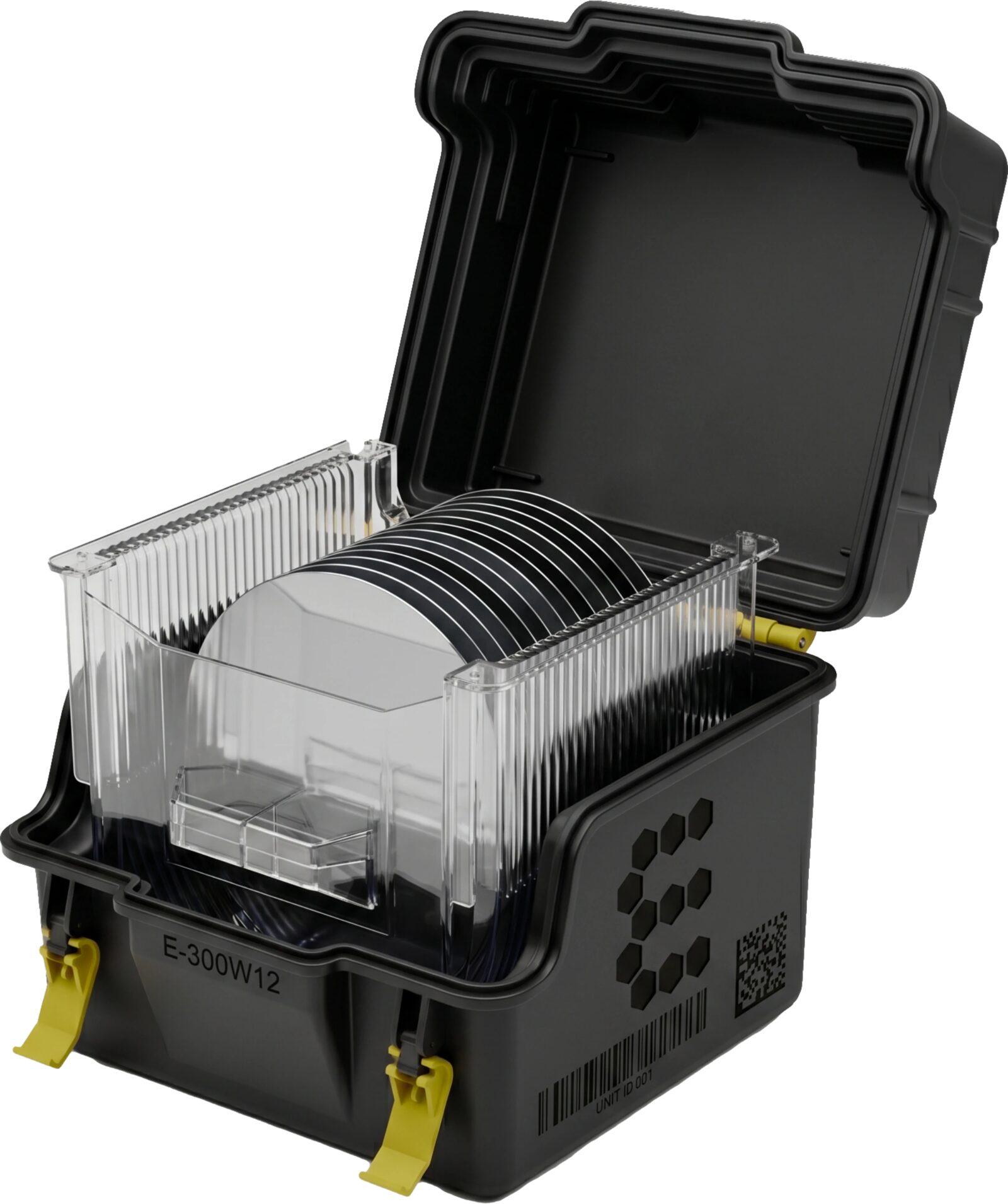 Black COC ESD TGF25 wafer carrier box on a white background
